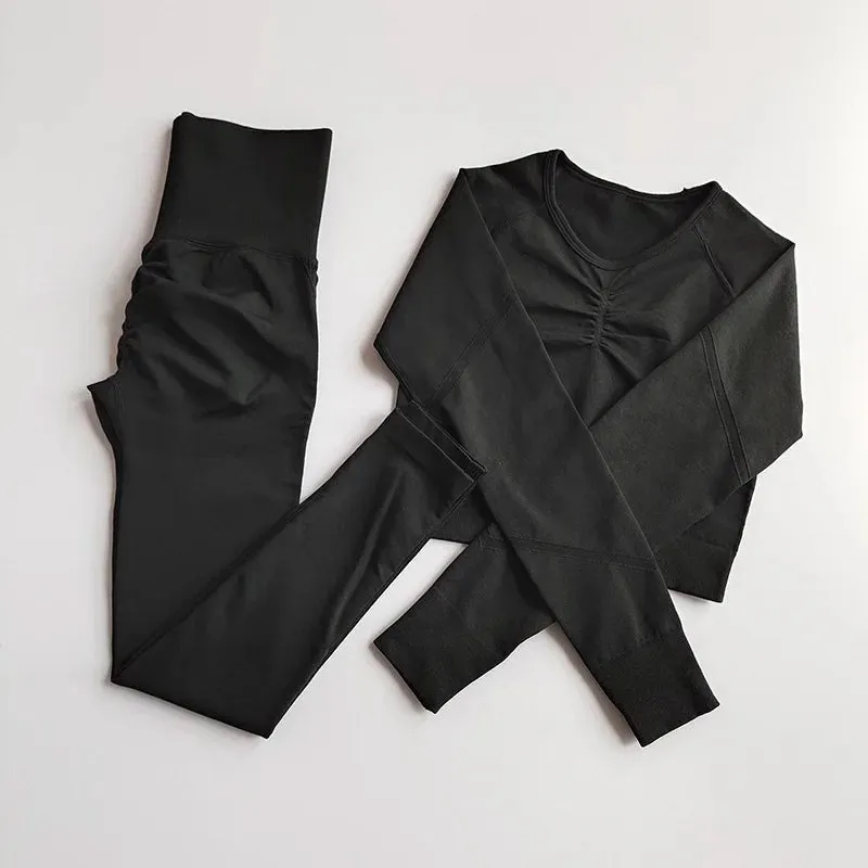 2Pcs Women Seamless Yoga Set Sport Suit Gymwear Workout Clothes Long Sleeve Gym Crop Top High Waist Leggings Fitness Sports Wear
