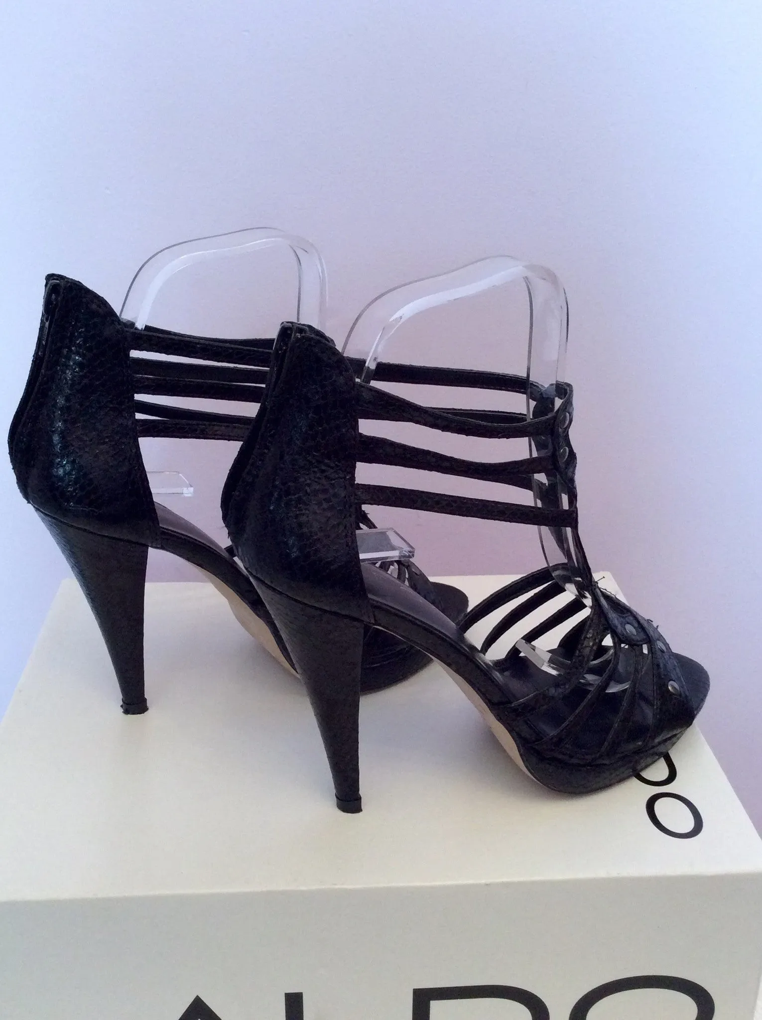 Aldo Black Snakeskin Leather Studded Heel Sandals Size 4/37