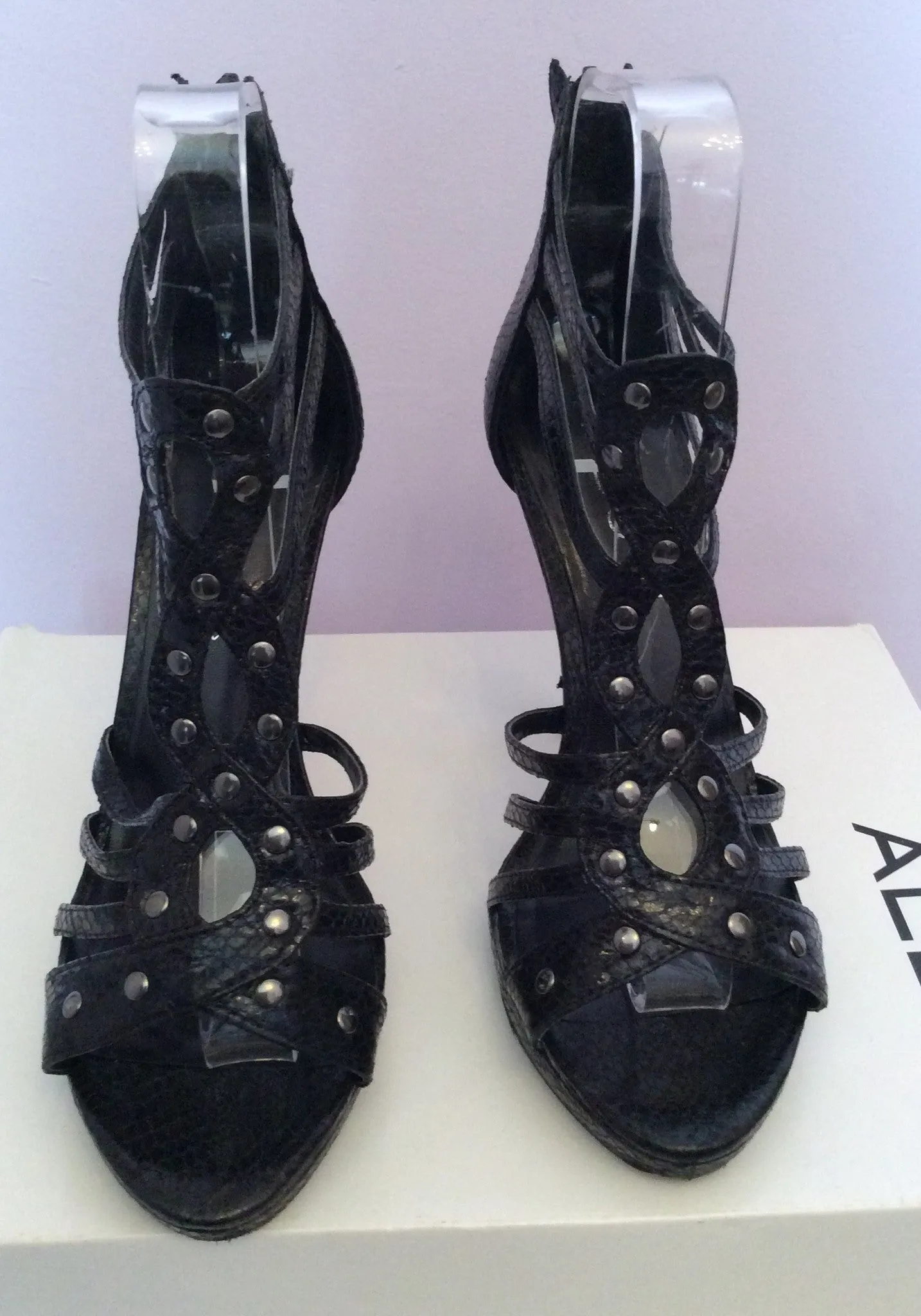 Aldo Black Snakeskin Leather Studded Heel Sandals Size 4/37