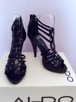 Aldo Black Snakeskin Leather Studded Heel Sandals Size 4/37
