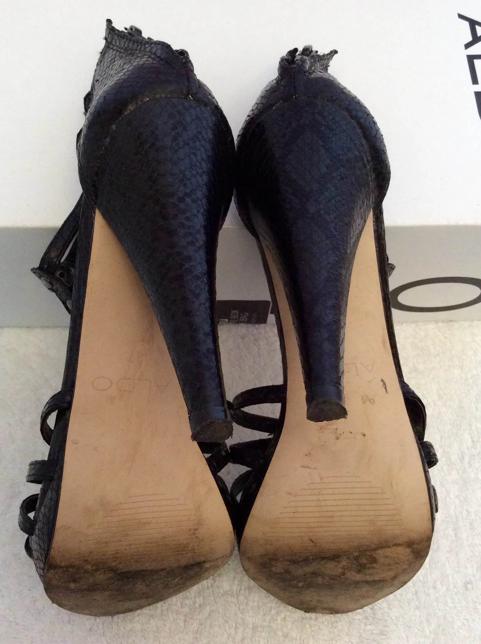Aldo Black Snakeskin Leather Studded Heel Sandals Size 4/37