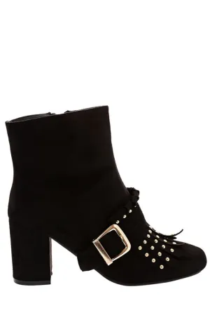 Black Faux Suede Ankle Boots With Studded Frige Detail