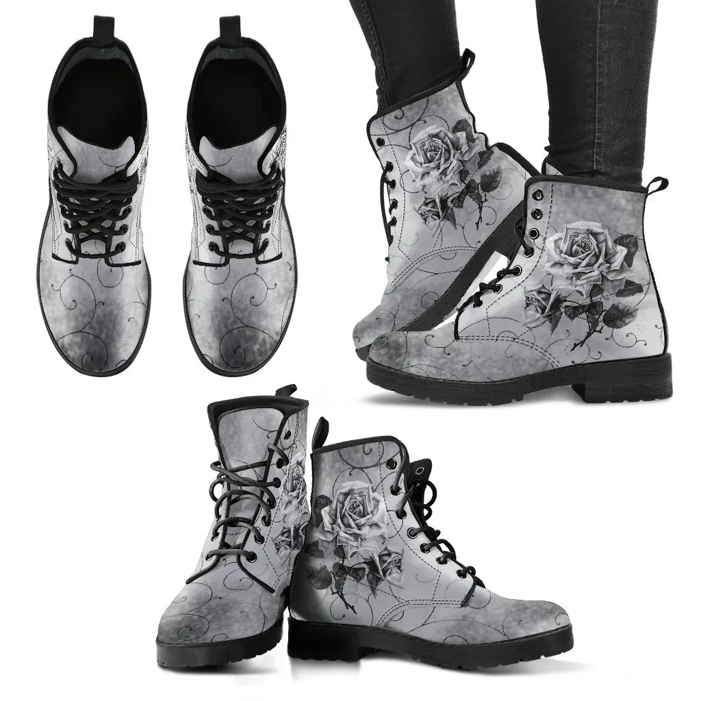 Combat Boots - Vintage Style Black & White Roses | Vegan Leather Lace Up Boots, Women's Boots