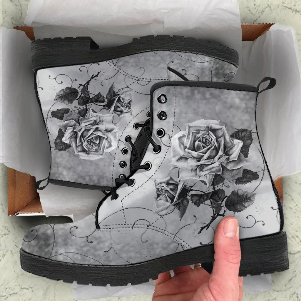 Combat Boots - Vintage Style Black & White Roses | Vegan Leather Lace Up Boots, Women's Boots