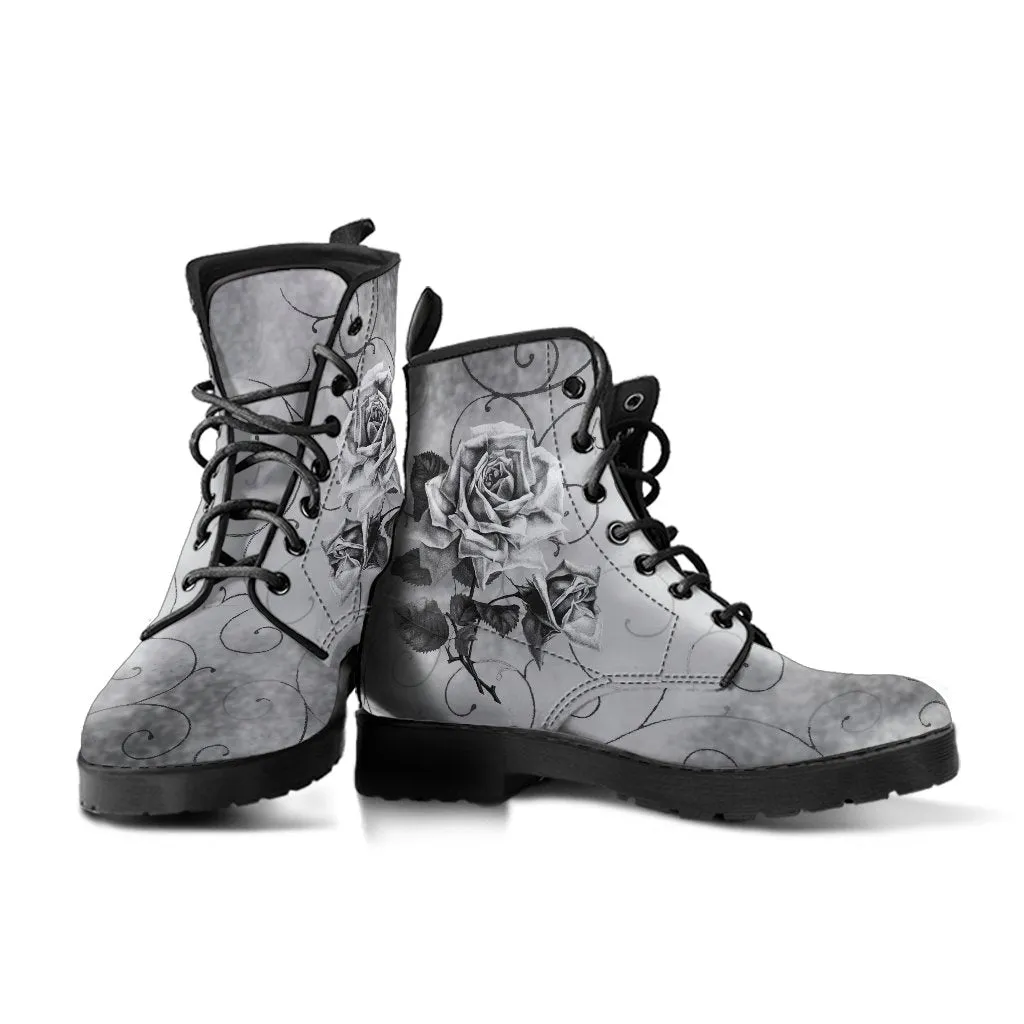 Combat Boots - Vintage Style Black & White Roses | Vegan Leather Lace Up Boots, Women's Boots