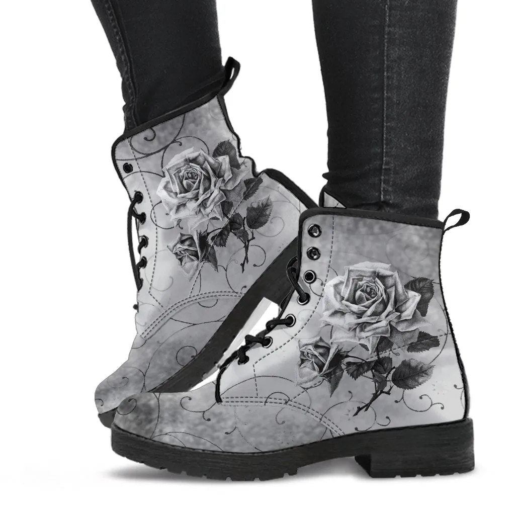 Combat Boots - Vintage Style Black & White Roses | Vegan Leather Lace Up Boots, Women's Boots