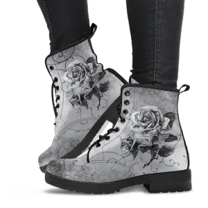 Combat Boots - Vintage Style Black & White Roses | Vegan Leather Lace Up Boots, Women's Boots