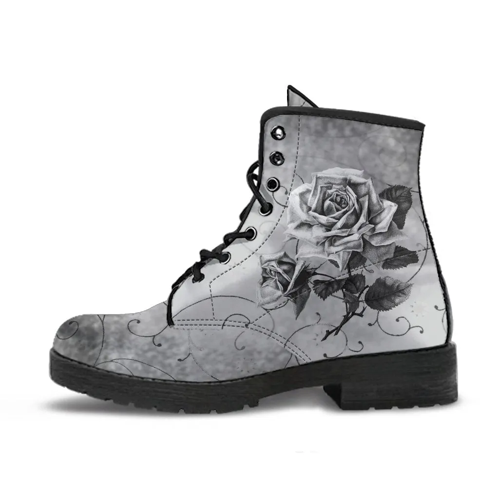 Combat Boots - Vintage Style Black & White Roses | Vegan Leather Lace Up Boots, Women's Boots