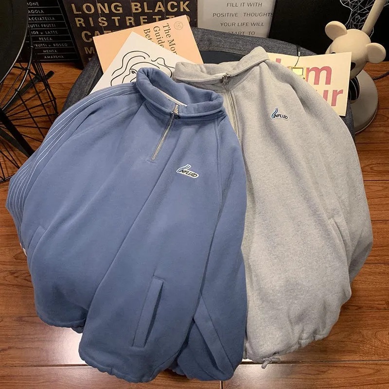 Joskaa Oversize Zipper High Street Sweatshirt For Men Women Hong Kong Style Stand-Up Collar Korean Trendy Lovers Casual Sports Jacket