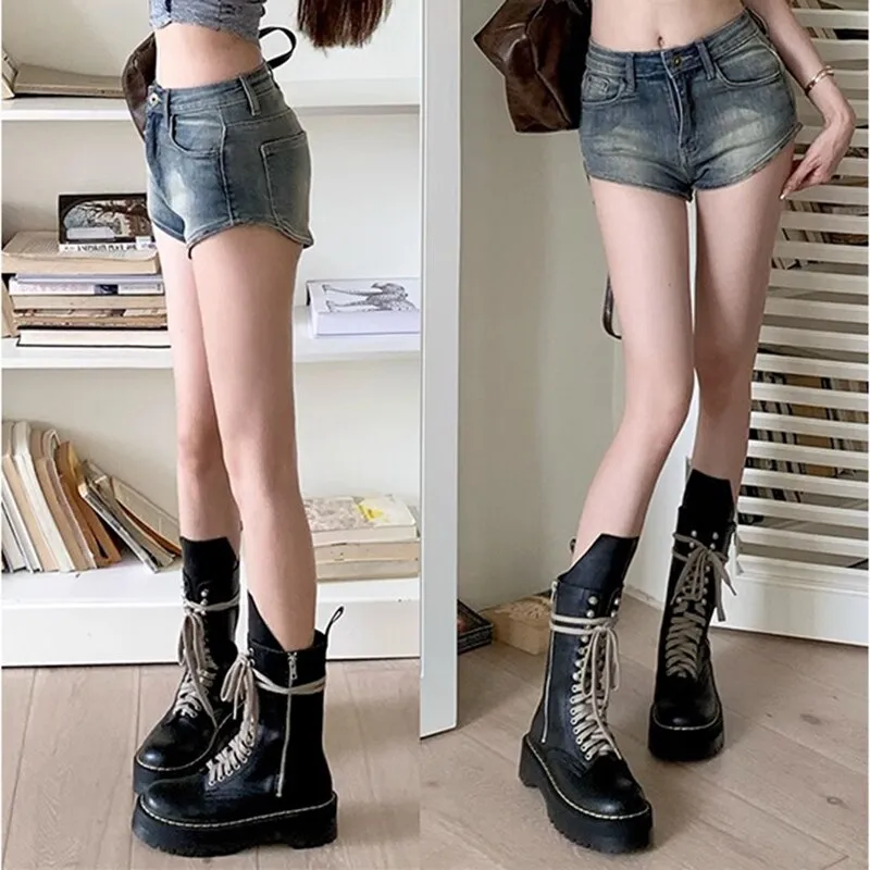 Korean Style Chunky Platform Ankle Boots Women 2023 Autumn Lace Up Heeled Motorcycle Boots Woman Shoes Pu Leather Black Botas