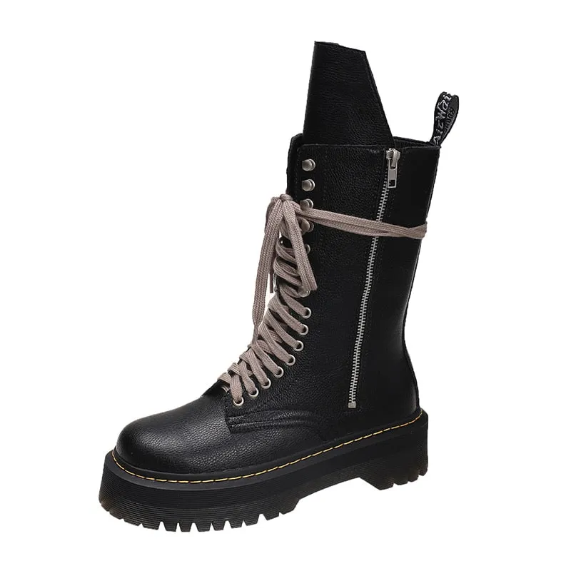 Korean Style Chunky Platform Ankle Boots Women 2023 Autumn Lace Up Heeled Motorcycle Boots Woman Shoes Pu Leather Black Botas