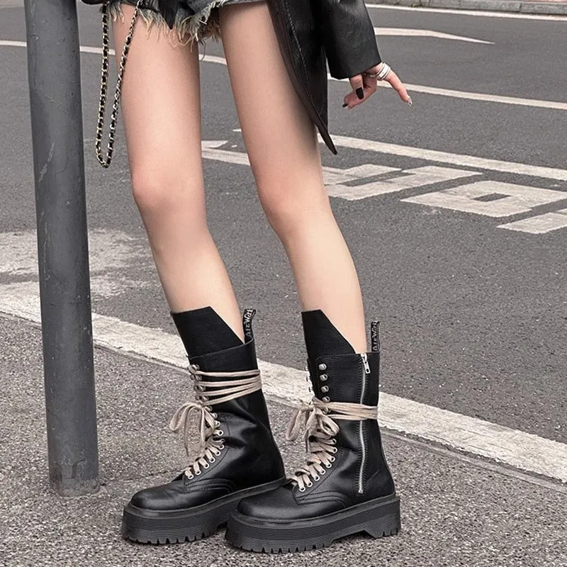 Korean Style Chunky Platform Ankle Boots Women 2023 Autumn Lace Up Heeled Motorcycle Boots Woman Shoes Pu Leather Black Botas