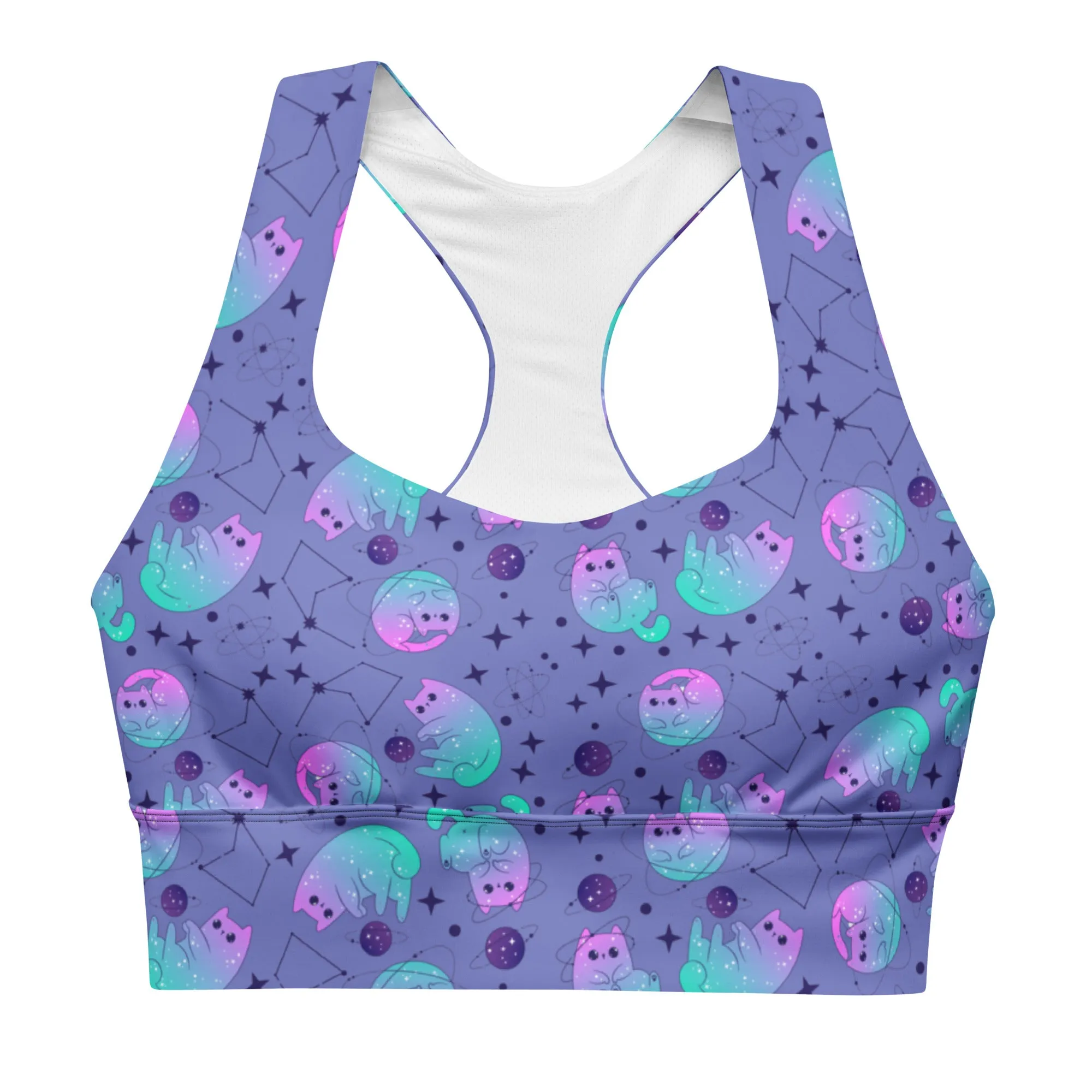 Longline sports bra - Galaxy Cats - Slate Blue