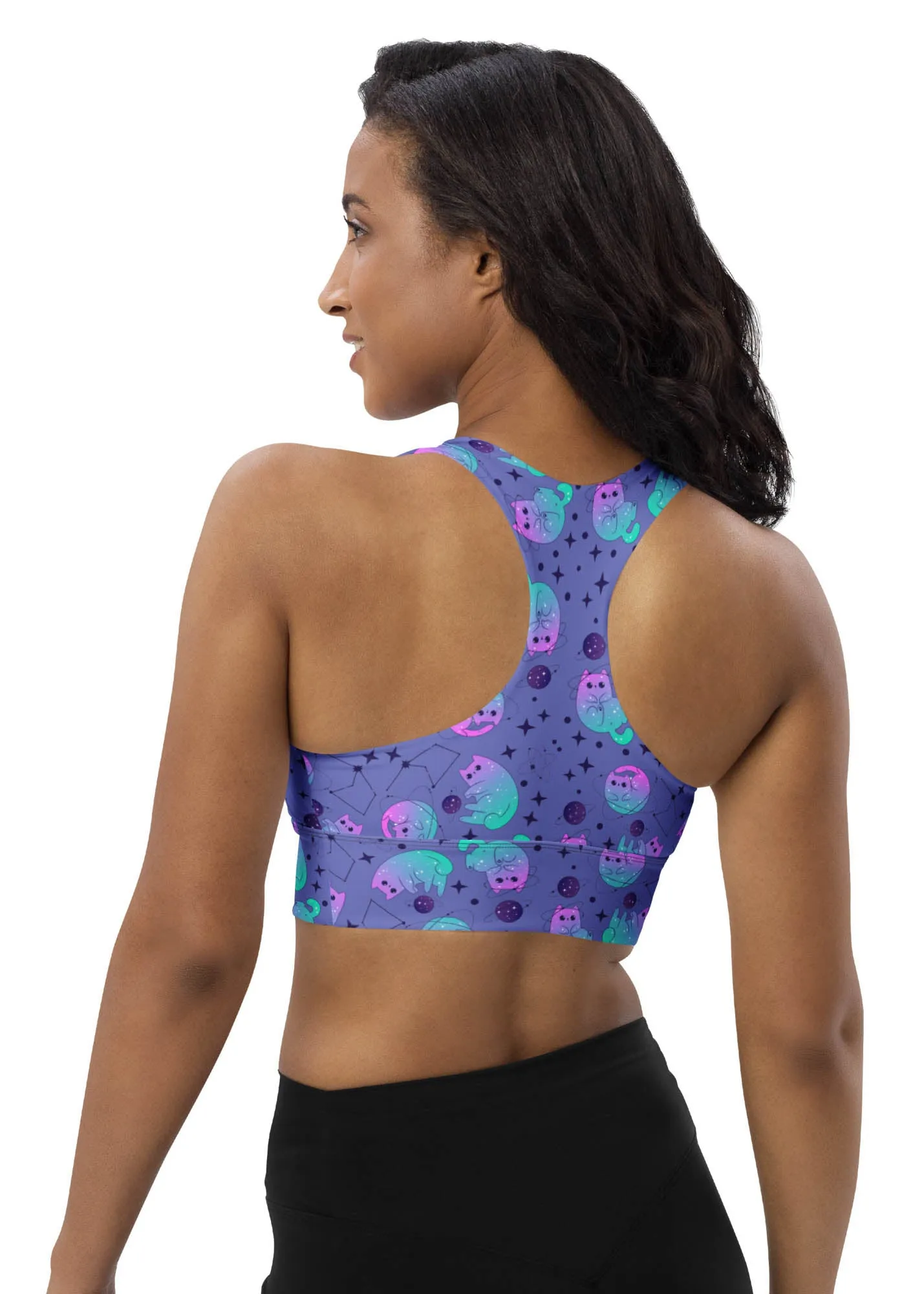 Longline sports bra - Galaxy Cats - Slate Blue