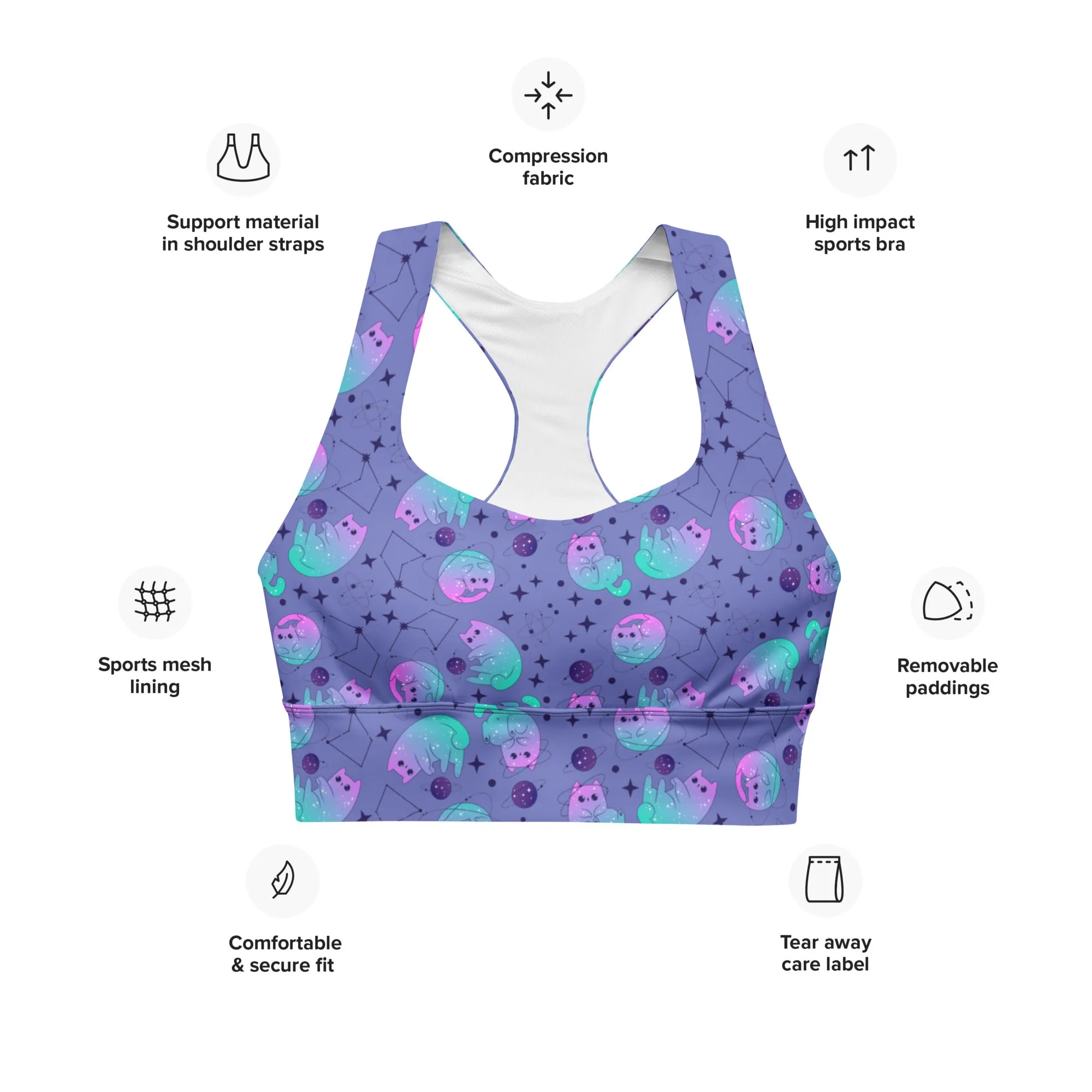 Longline sports bra - Galaxy Cats - Slate Blue