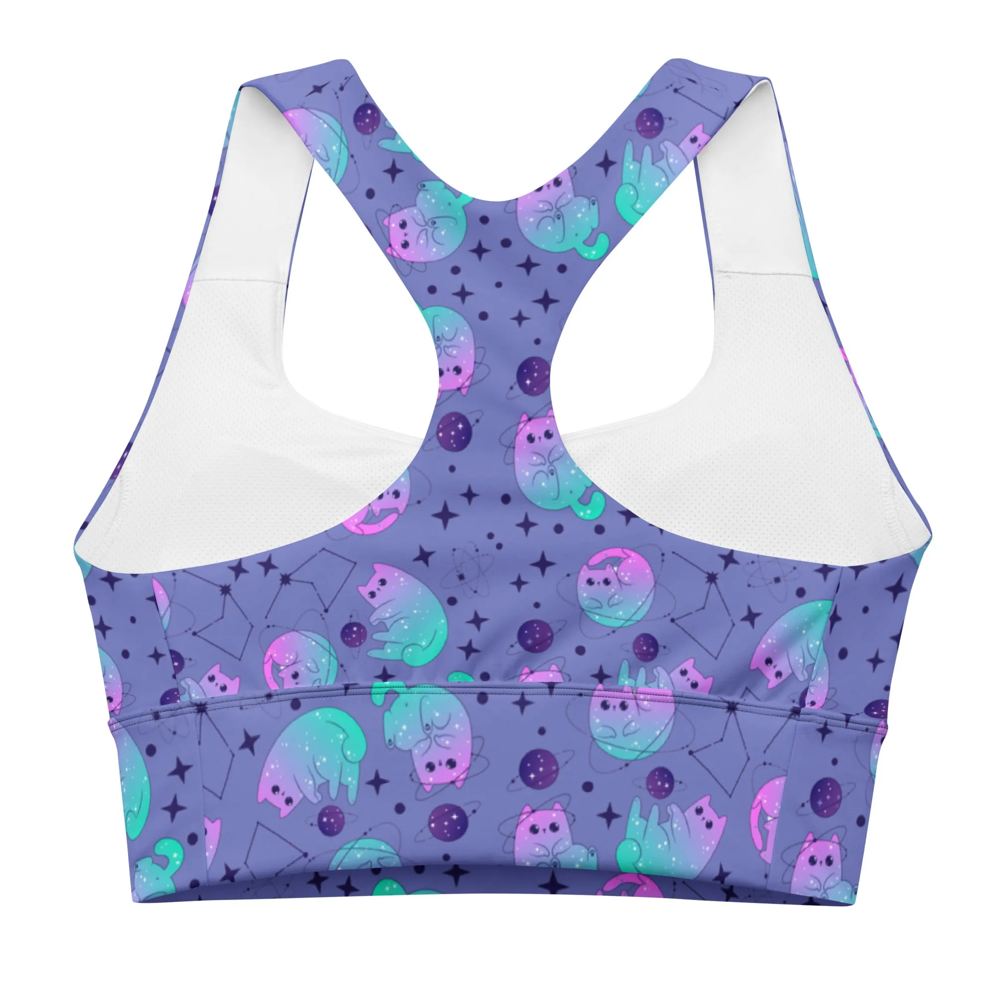 Longline sports bra - Galaxy Cats - Slate Blue
