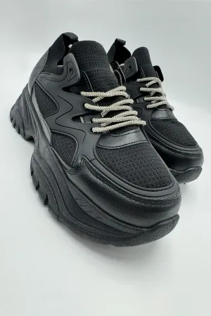 Luna Diamante Lace-Up Chunky Trainers in Black