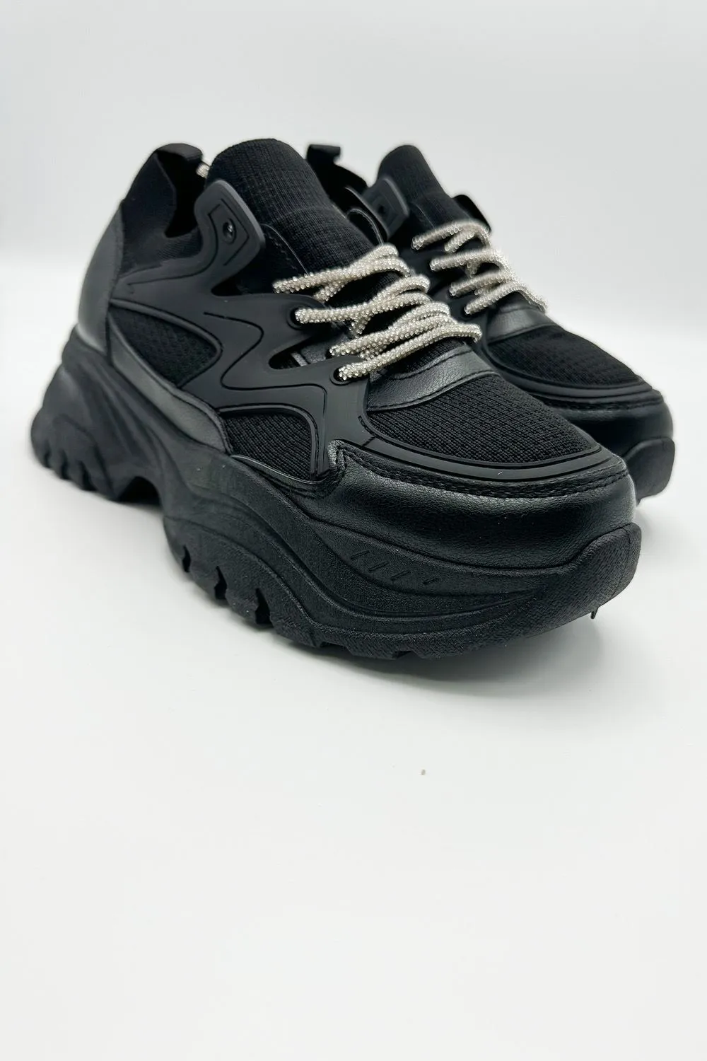 Luna Diamante Lace-Up Chunky Trainers in Black