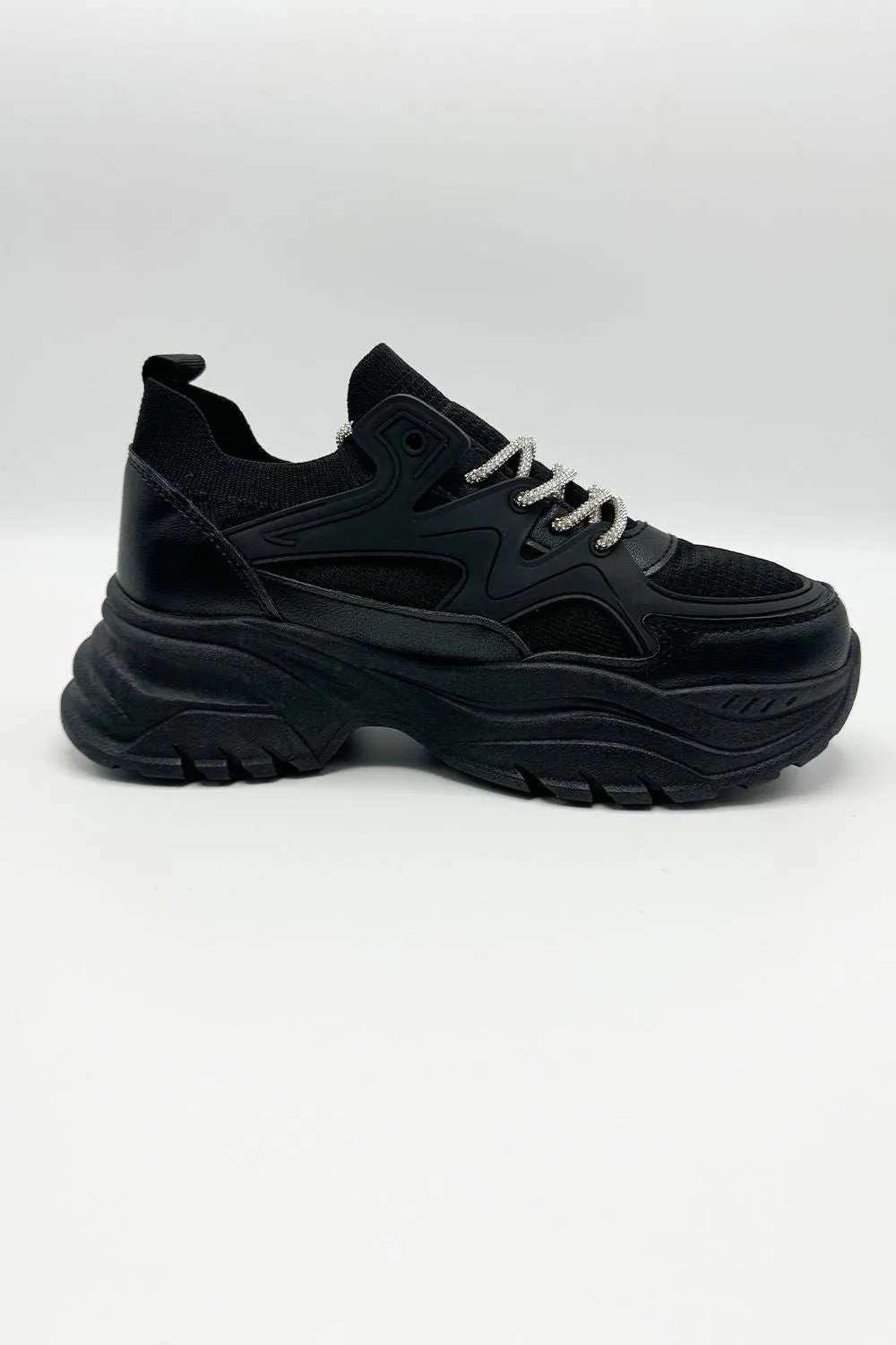 Luna Diamante Lace-Up Chunky Trainers in Black