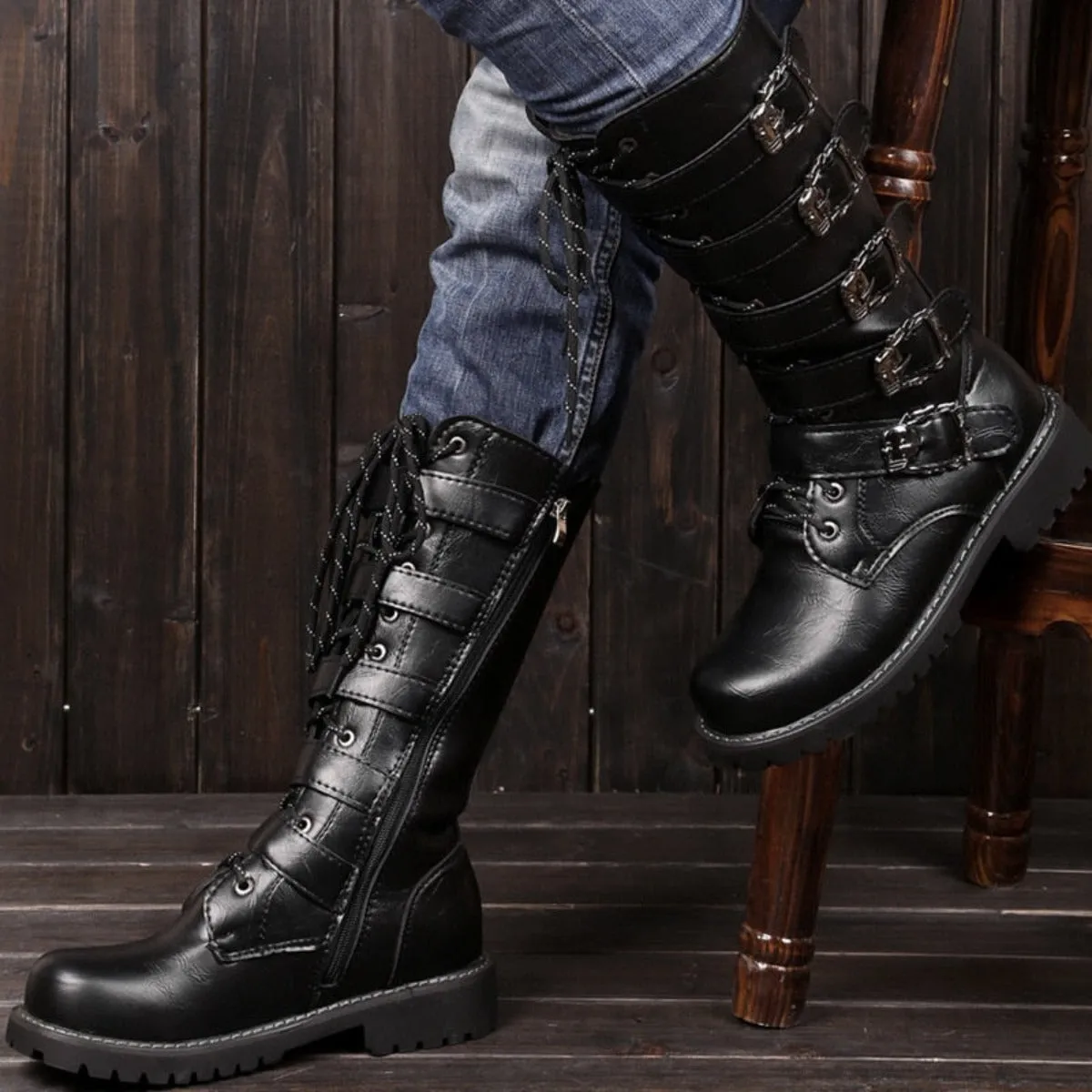 Mid-Calf Leather Motorcycle Riding Boots