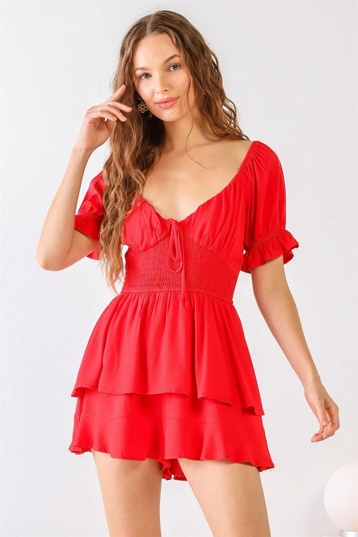 Red Smocked Shape Heart Neck Tired Romper