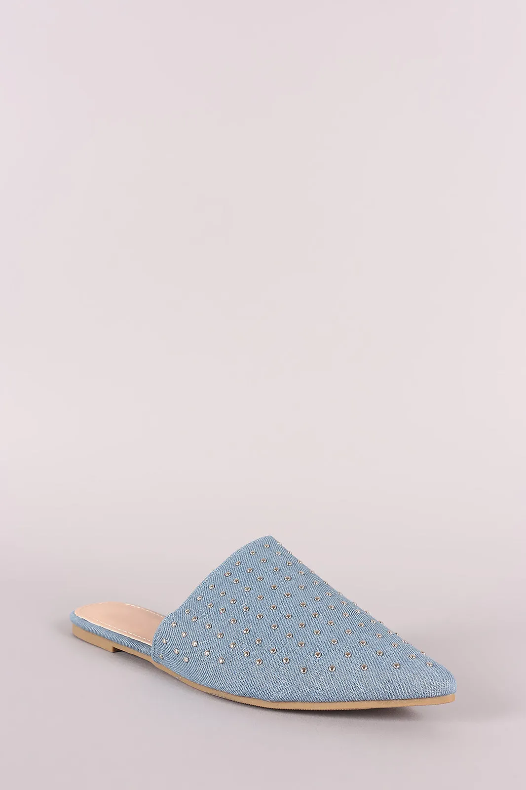 Studded Denim Pointy Toe Mule Flats