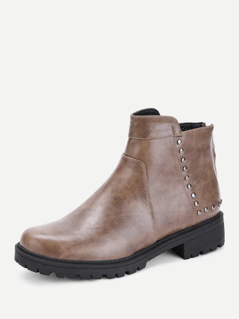 Studded Detail Back Zipper Ankle Boots