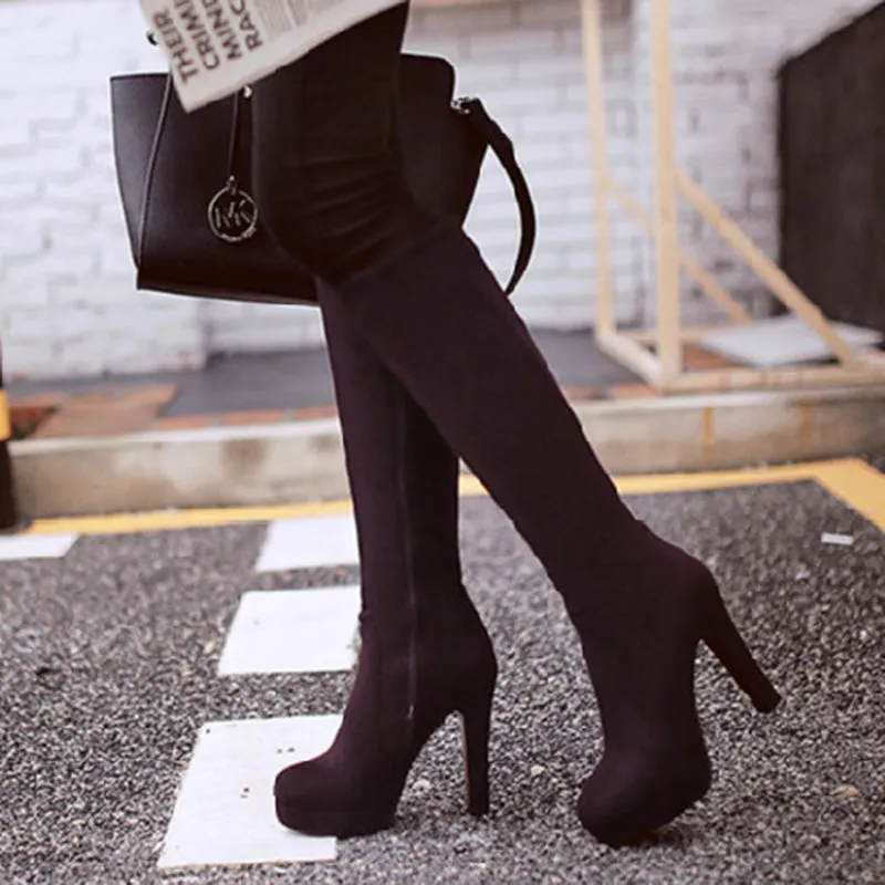 Women's elegant faux suede chunky high heels knee high boots