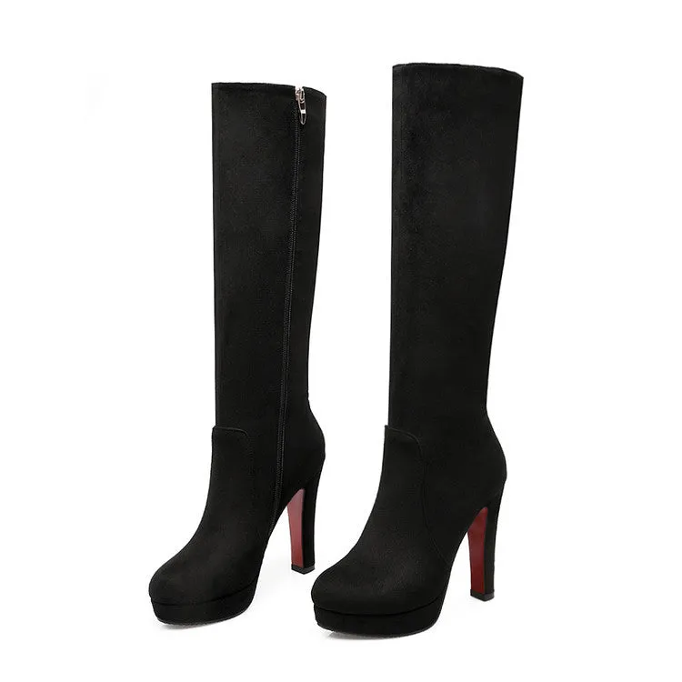 Women's elegant faux suede chunky high heels knee high boots