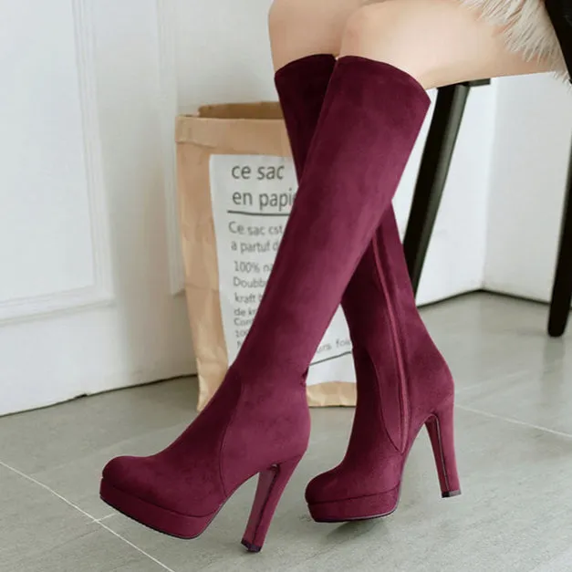Women's elegant faux suede chunky high heels knee high boots