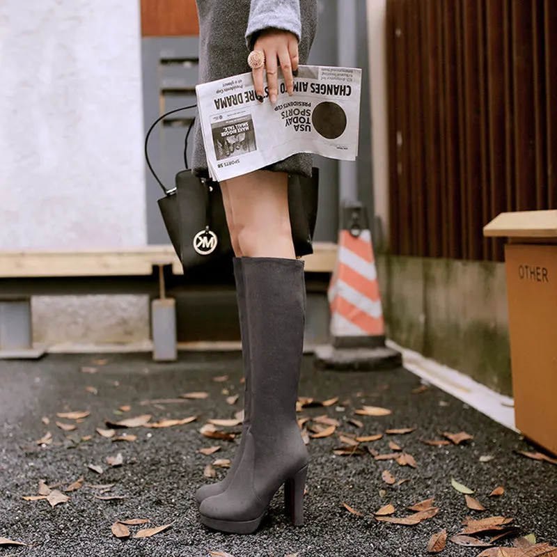 Women's elegant faux suede chunky high heels knee high boots