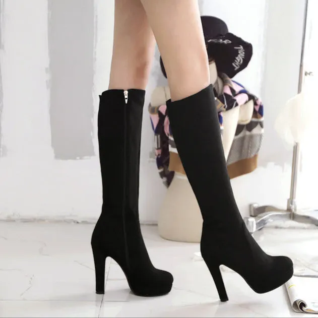 Women's elegant faux suede chunky high heels knee high boots