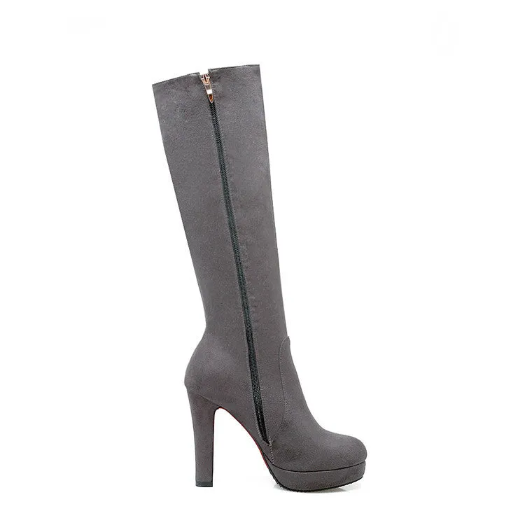 Women's elegant faux suede chunky high heels knee high boots