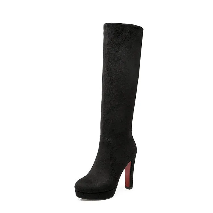 Women's elegant faux suede chunky high heels knee high boots