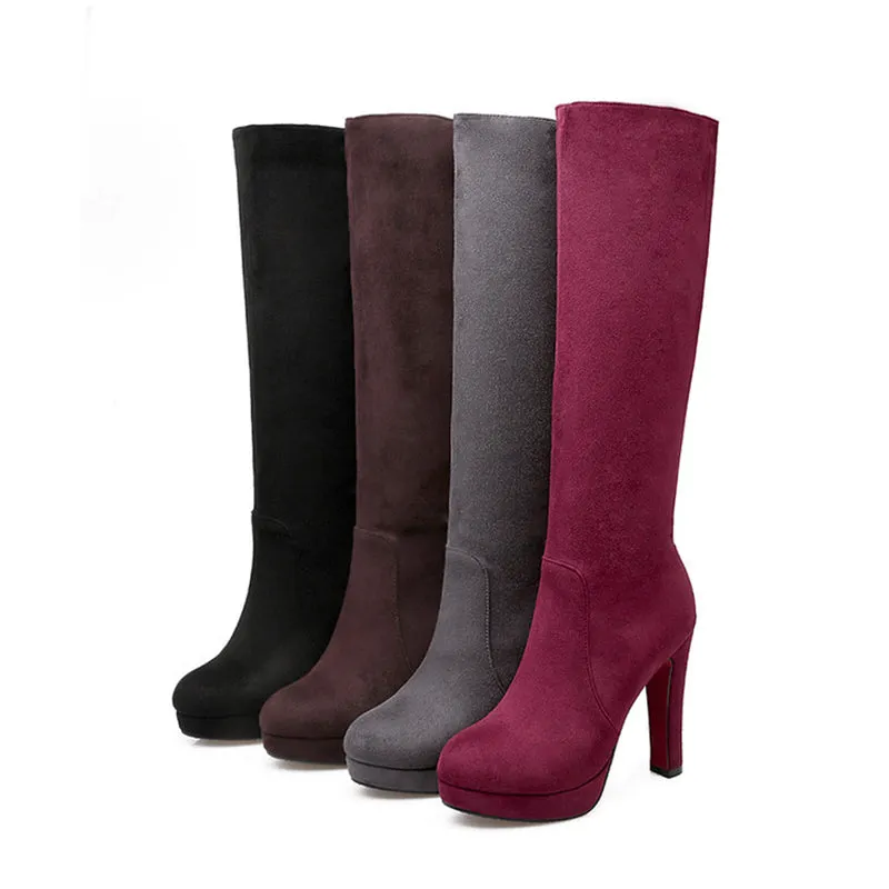 Women's elegant faux suede chunky high heels knee high boots