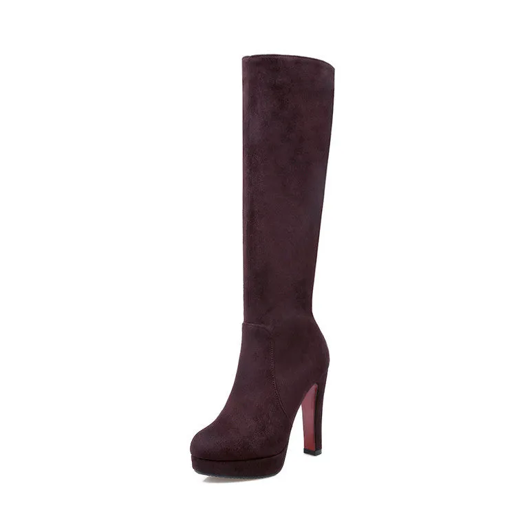 Women's elegant faux suede chunky high heels knee high boots