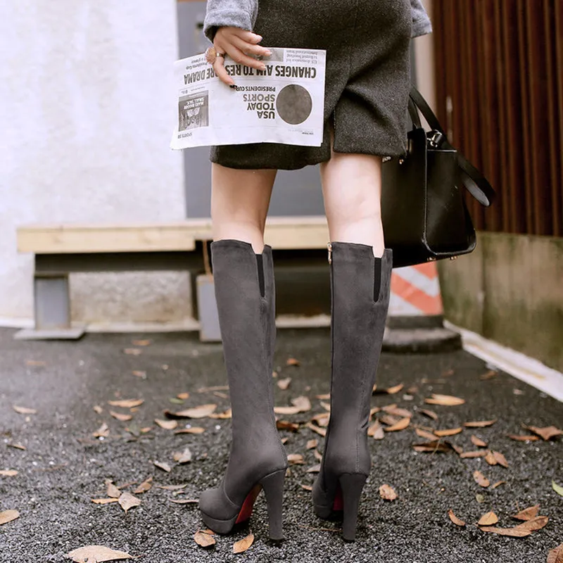 Women's elegant faux suede chunky high heels knee high boots