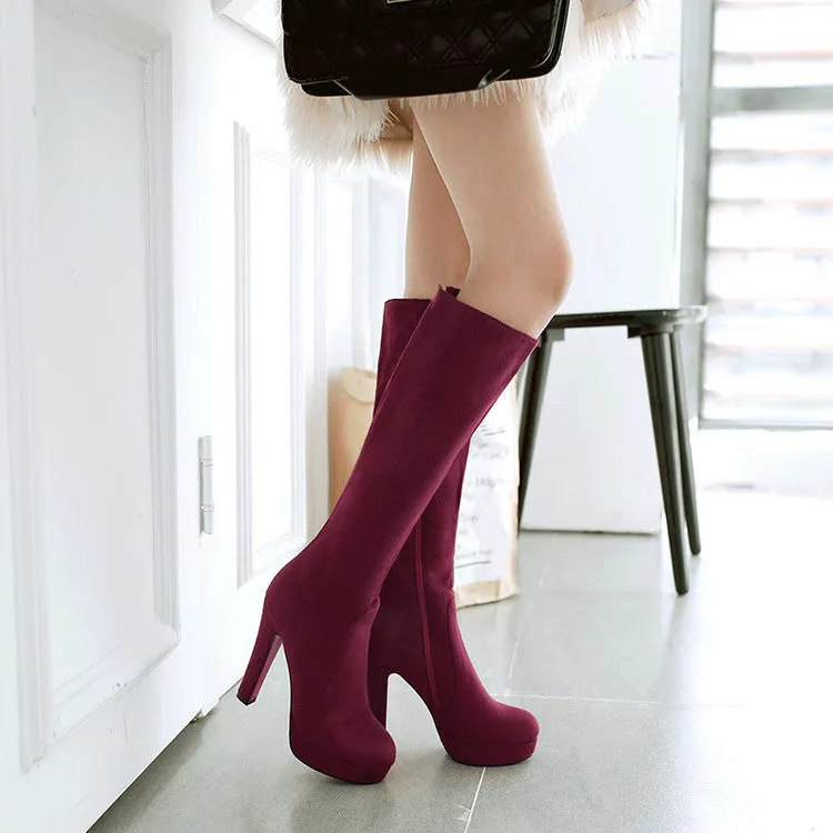 Women's elegant faux suede chunky high heels knee high boots