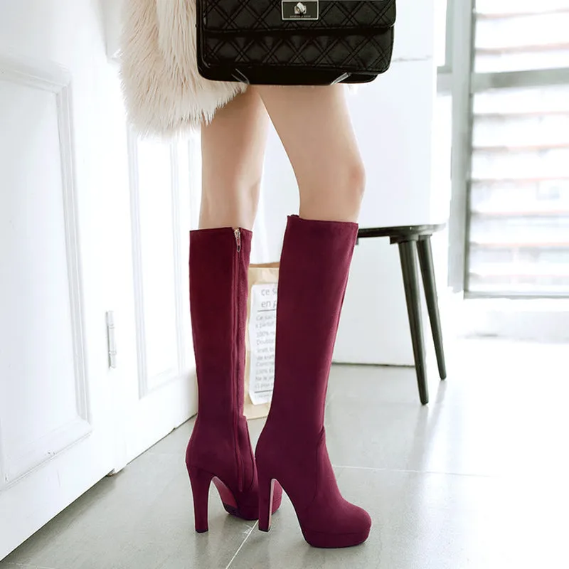 Women's elegant faux suede chunky high heels knee high boots
