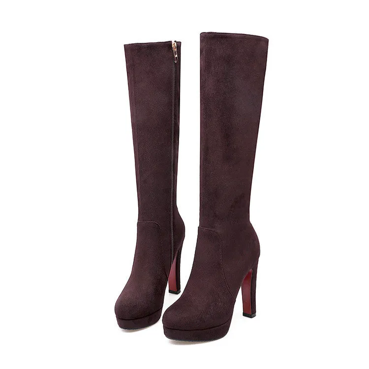 Women's elegant faux suede chunky high heels knee high boots