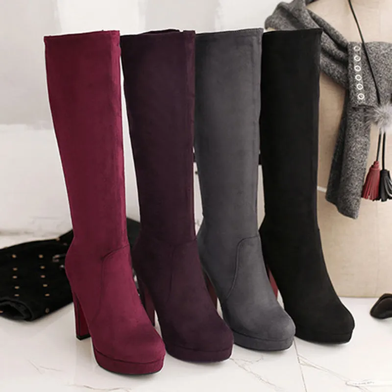 Women's elegant faux suede chunky high heels knee high boots