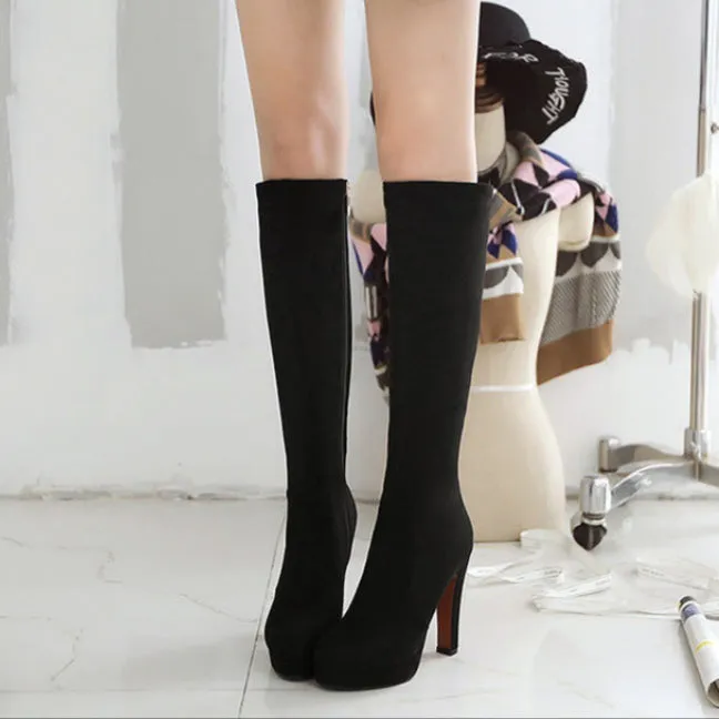 Women's elegant faux suede chunky high heels knee high boots