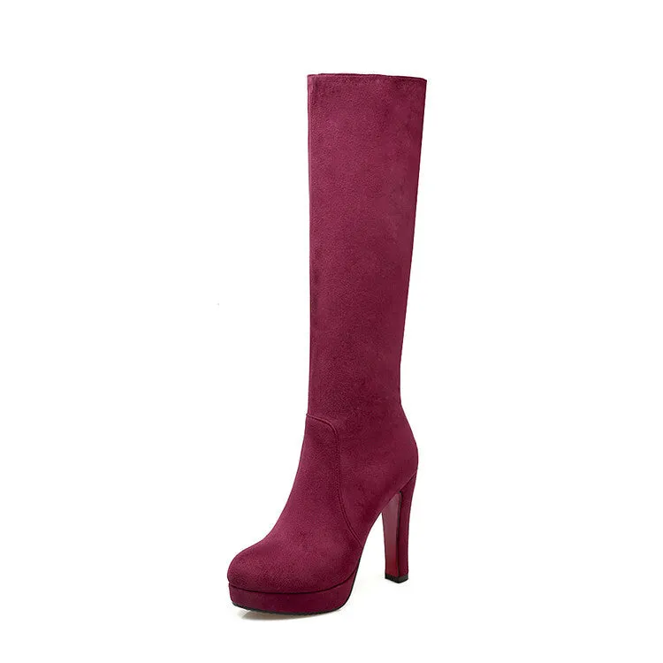Women's elegant faux suede chunky high heels knee high boots