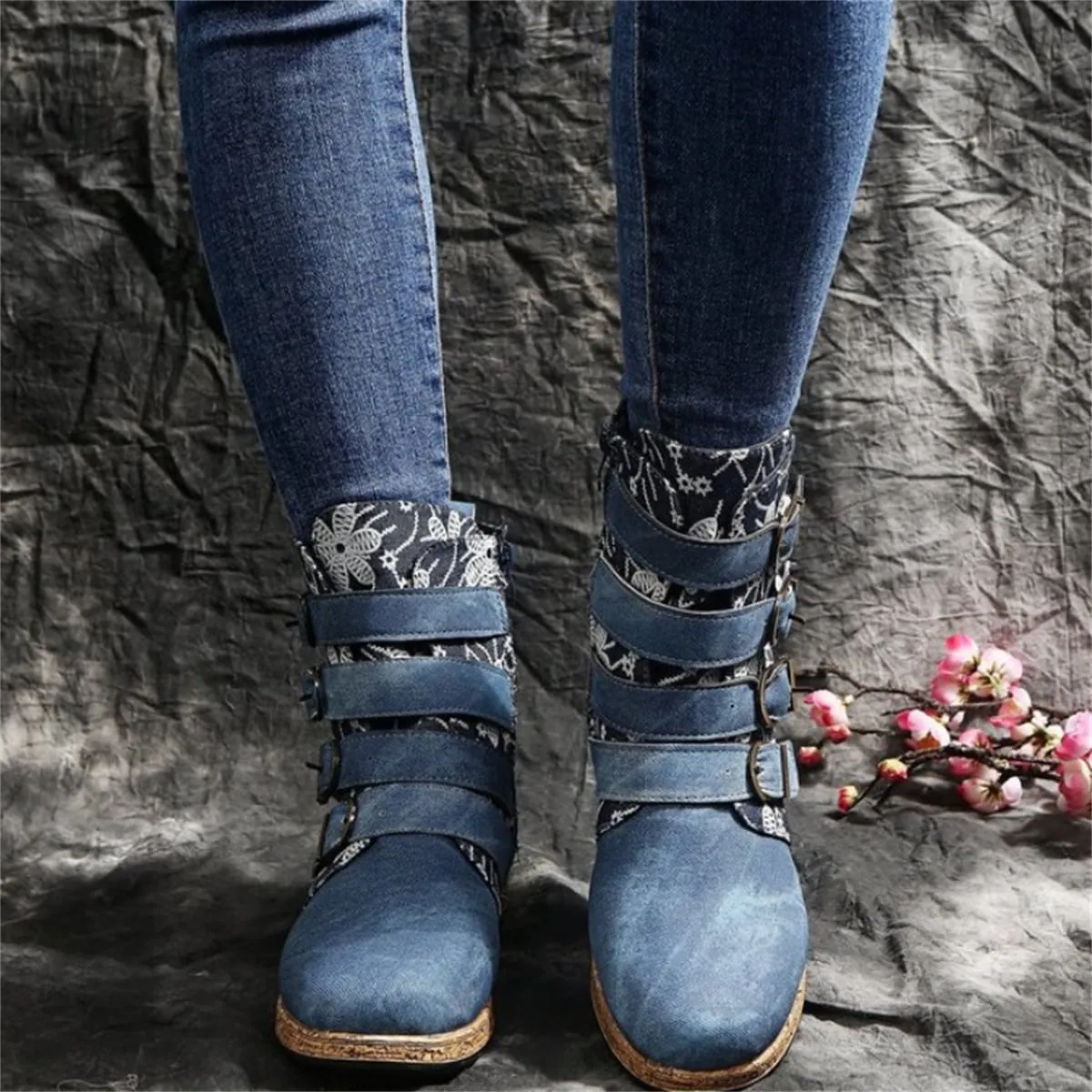 Women's Retro Floral Biker Flat Ankle Boots Faux Leather Zip Buckle Combat Shoes
